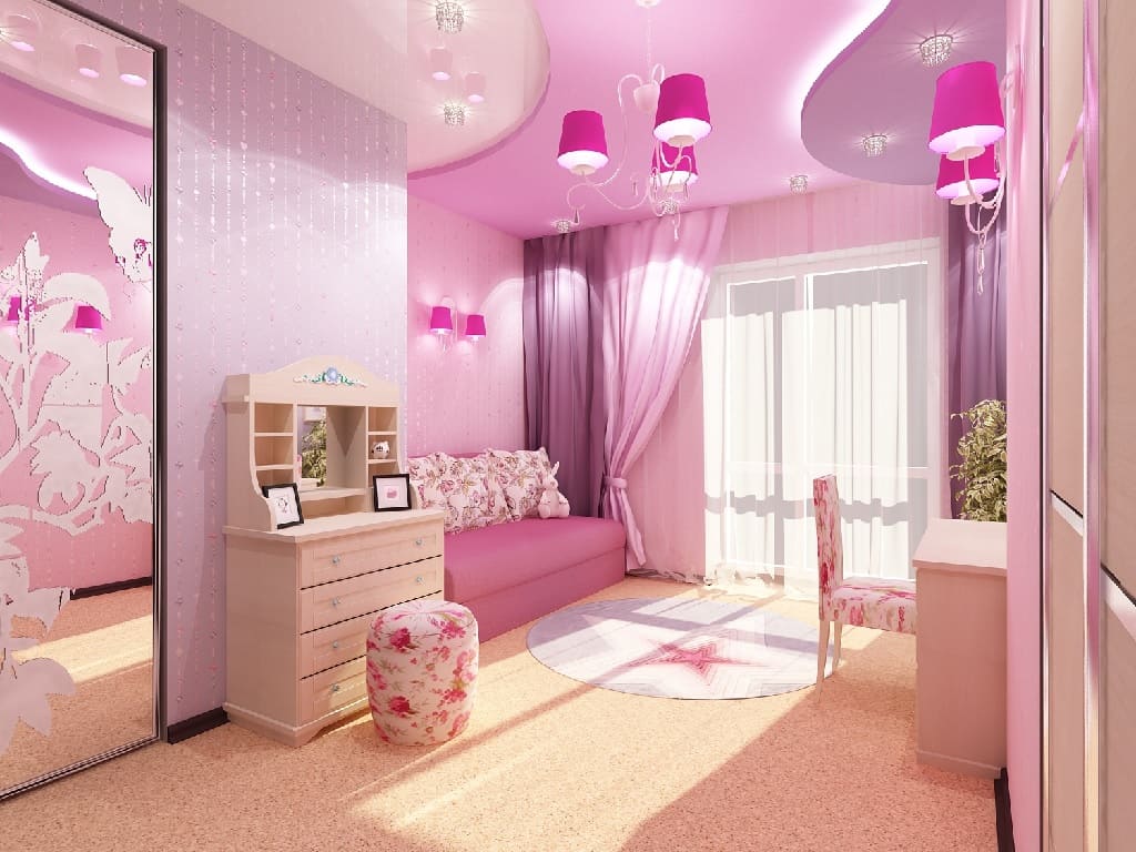 Натяжной потолок для девочки в розовом стиле и интерьере